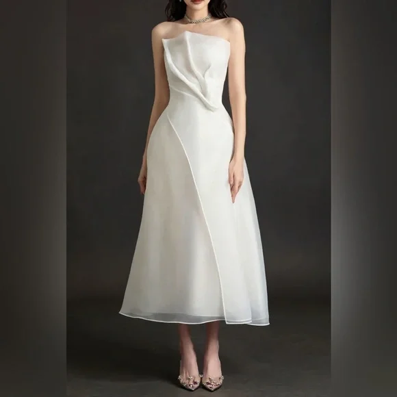 Elegant Strapless White Midi Dress with Draped Bodice - Picture 1 of 7